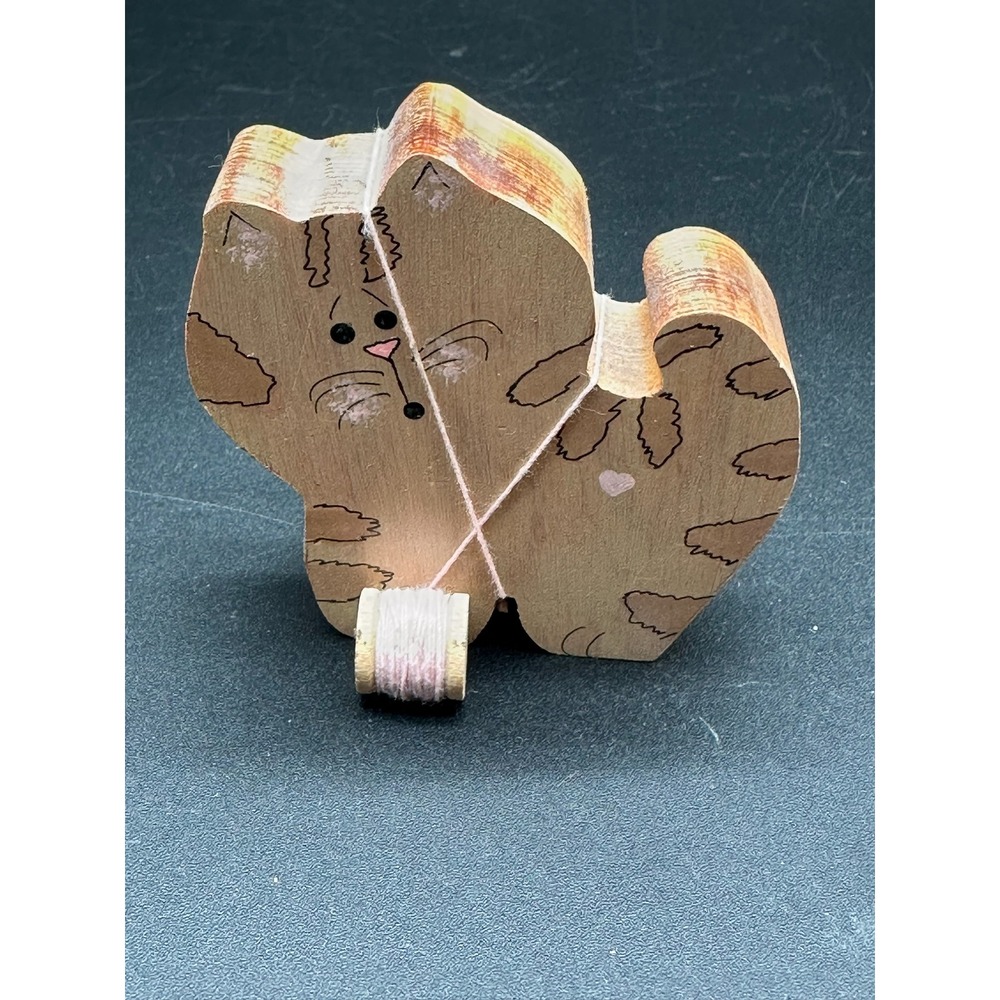Wooden Cat Figurine with Spool of Pink Thread Rustic Hand Painted Home Decor